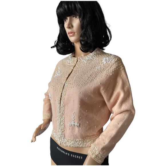 Vintage Jo Ro Imports Angora Lamb Wool Beaded Sequin pink white Cardigan small - Picture 15 of 16
